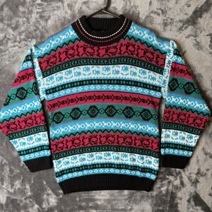 Vintage 80s Knit Sweater Fair Isle Colorful Glamour Knit Acrylic Large Geometric